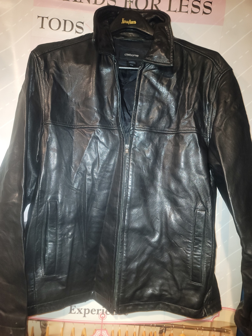 Claiborne Black Leather Bomber Jacket with Zip Front